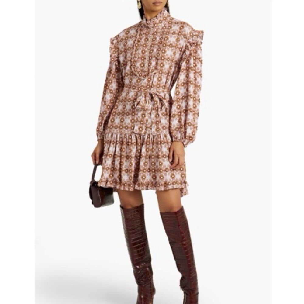 Zimmermann Pink Daisy Print Silk Blend Mini Dress Puff Sleeve Belt.